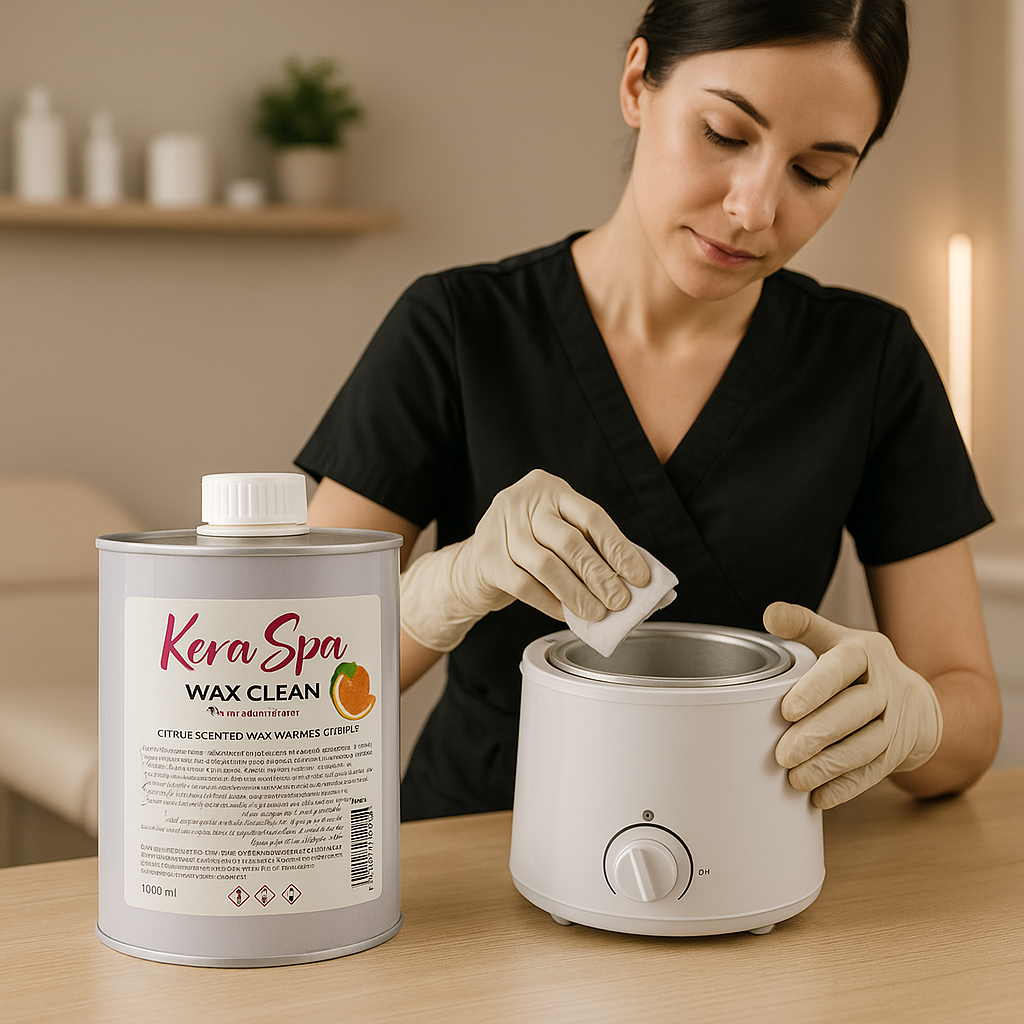 Woman using Kera Spa Wax Clean product with a wax warmer