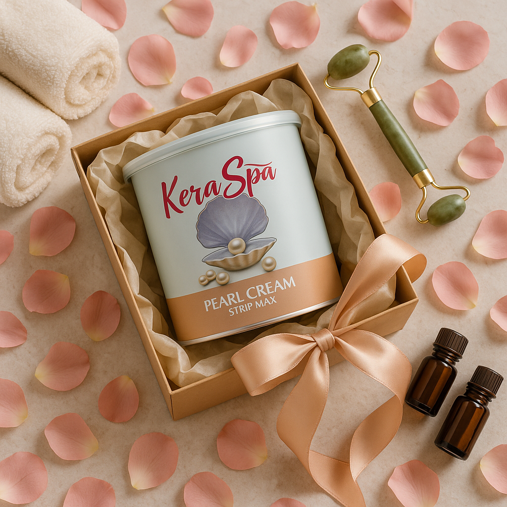 Kera Spa pearl cream strip max in a box with rose petals and skincare tools on a beige background