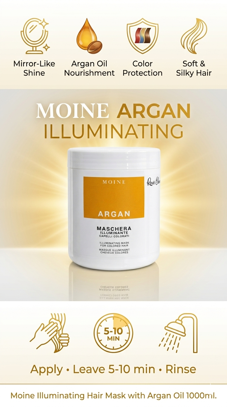 Moine Illuminating Hair Mask with Argan Oil 1000ml – Deep Treatment for Coloured, Treated & Damaged Hair | Intense Moisture, Radiant Shine