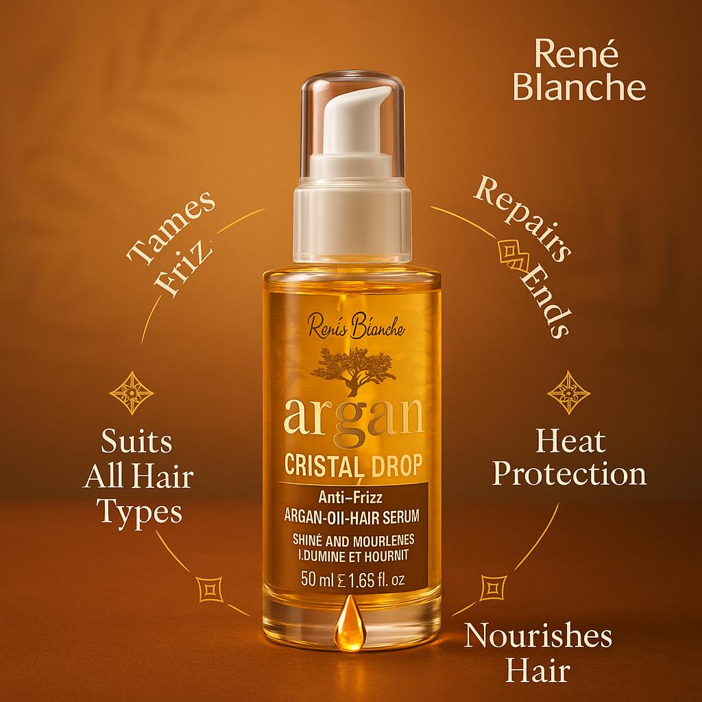 René Blanche argan Cristal Drop serum bottle on a brown background with text highlighting features.